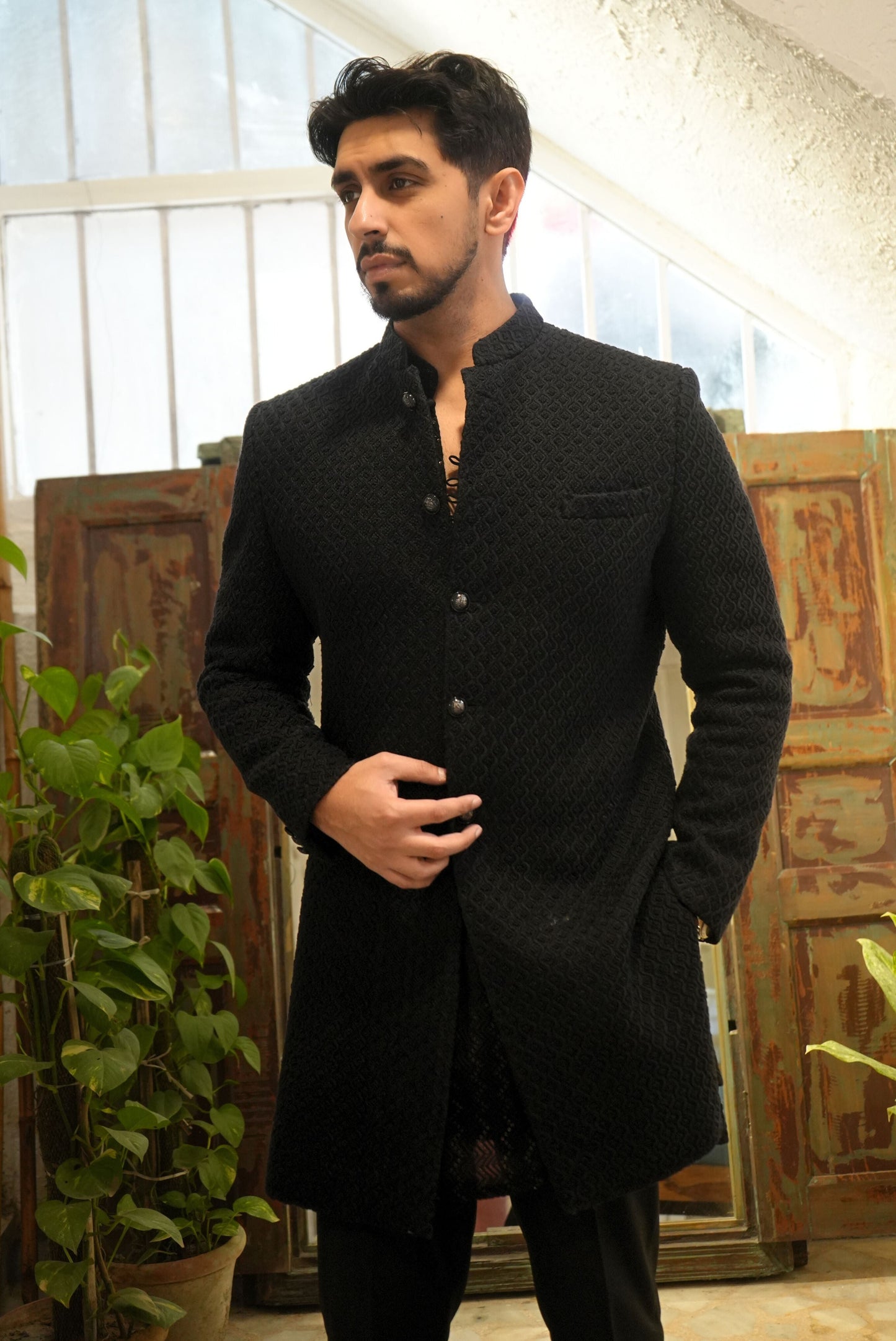 Jet Black French Knot Sherwani Set