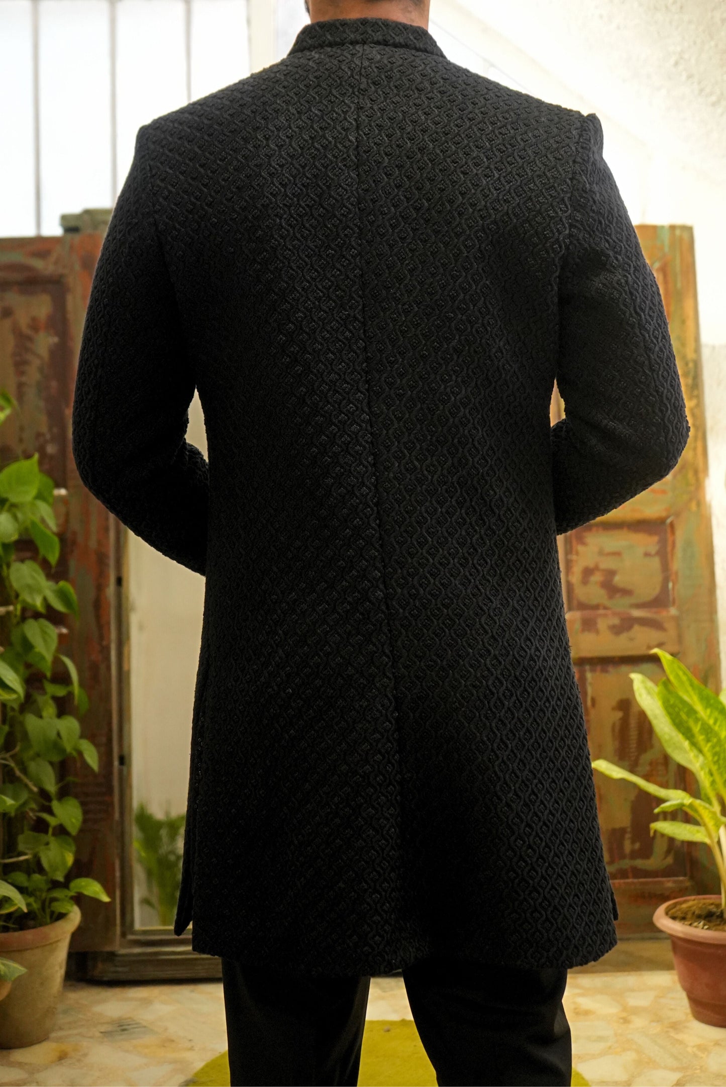 Jet Black French Knot Sherwani Set