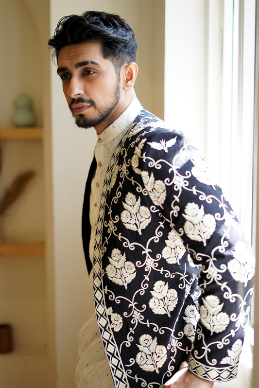 Ivory Embroidered Black Open Sherwani Set