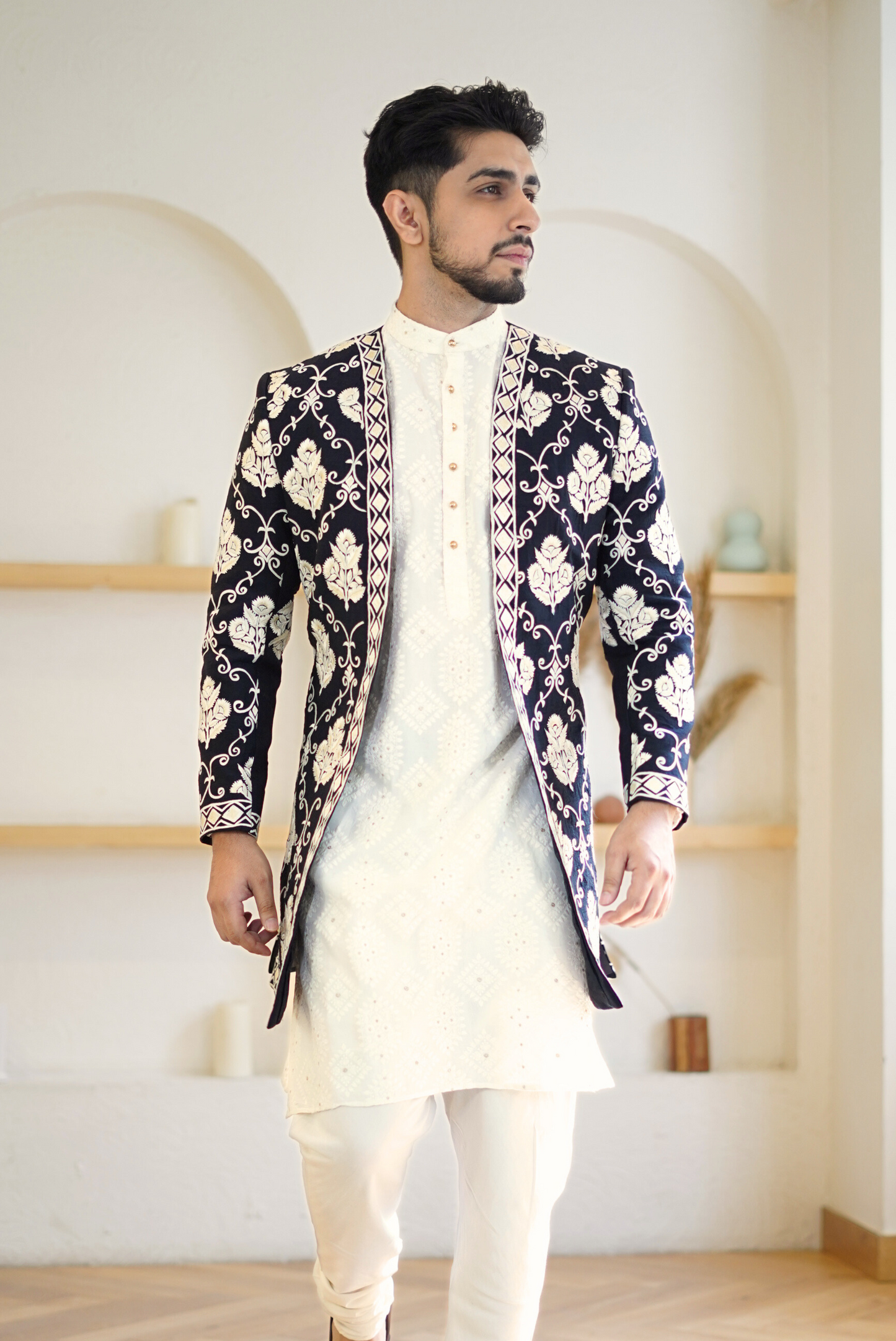 Ivory Embroidered Black Open Sherwani Set