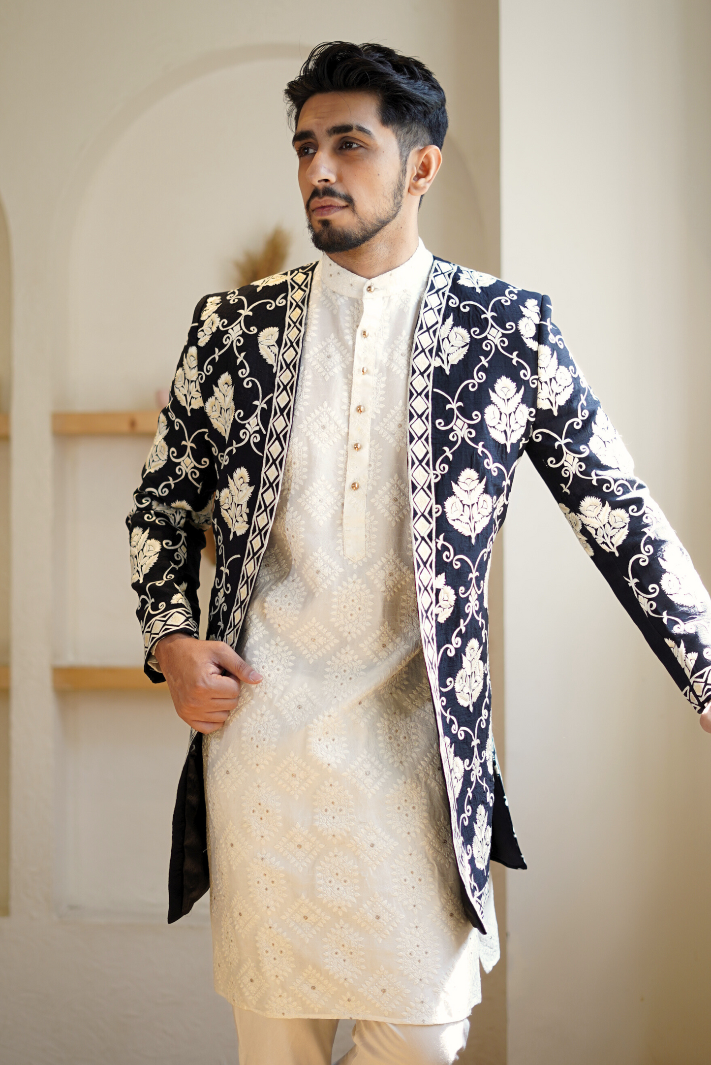 Ivory Embroidered Black Open Sherwani Set