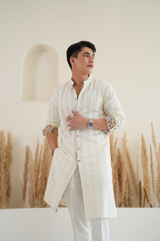 Off White Vertical Embroidery Button Down Kurta