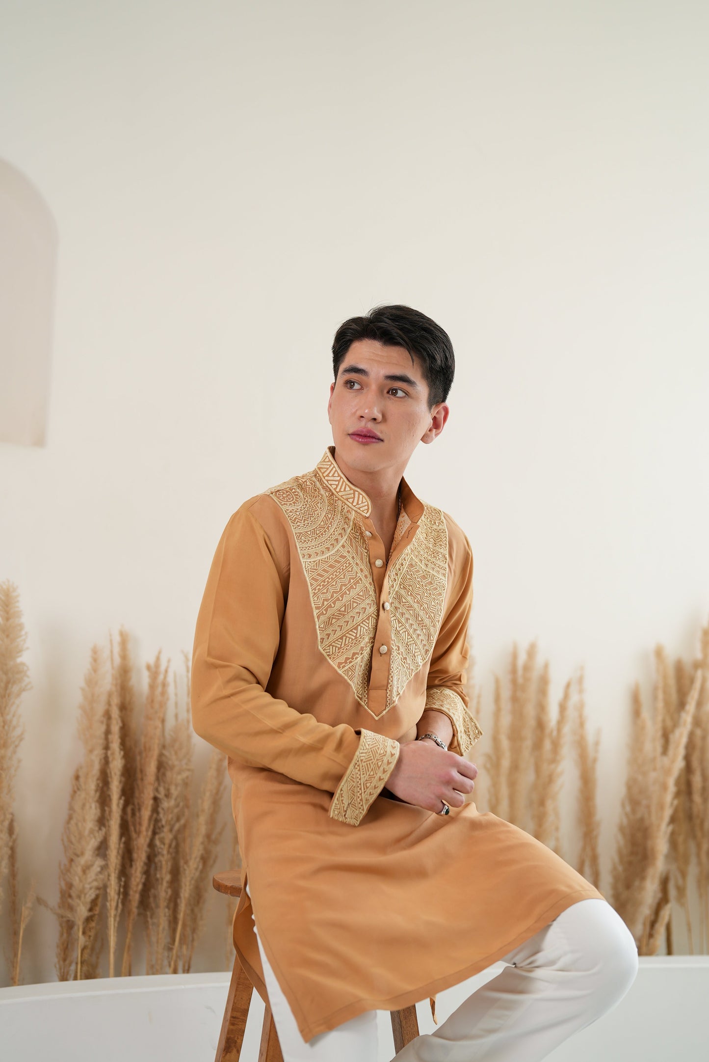 Camel Polynesian Thread Work Kurta