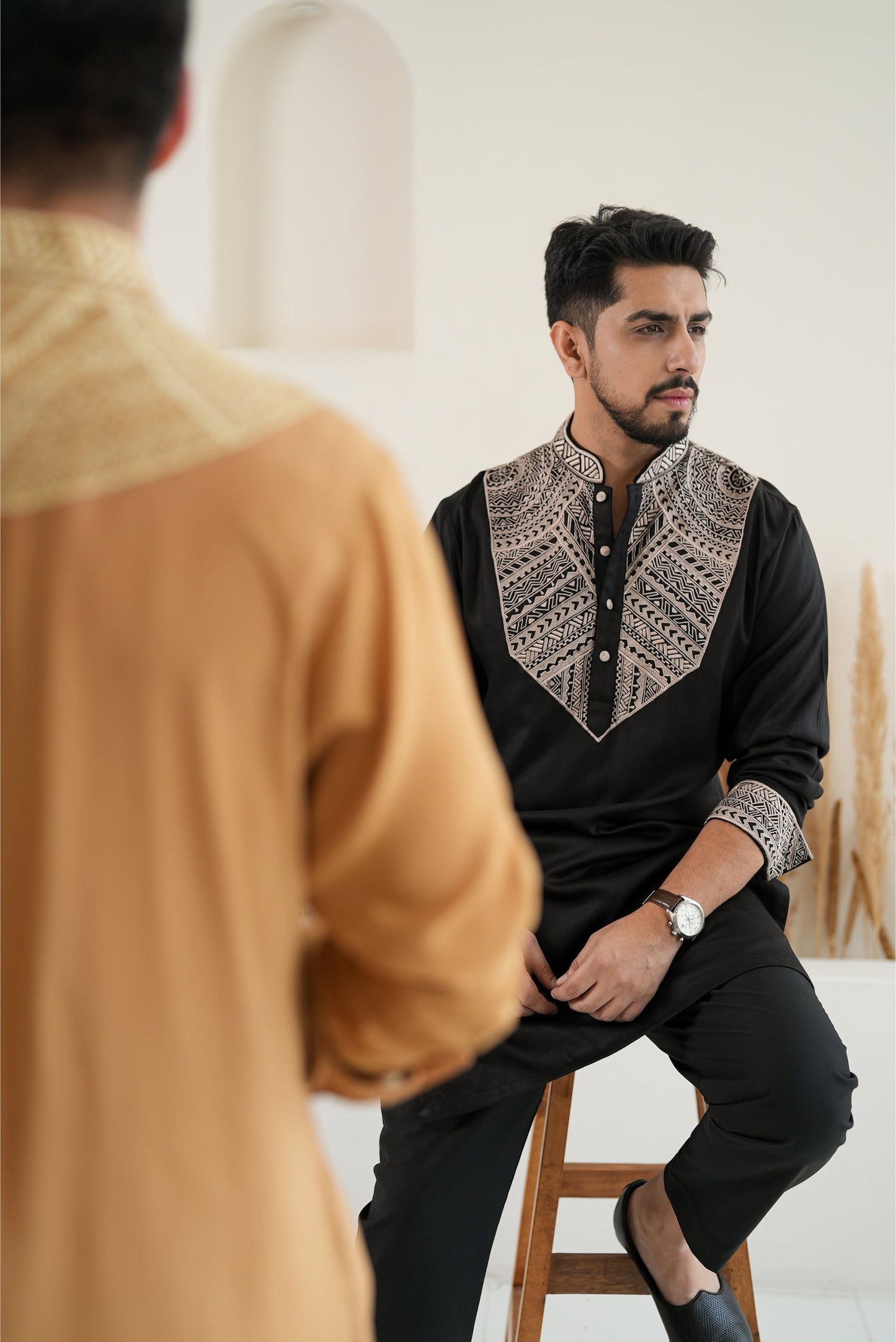 Black Polynesian Thread Work Kurta