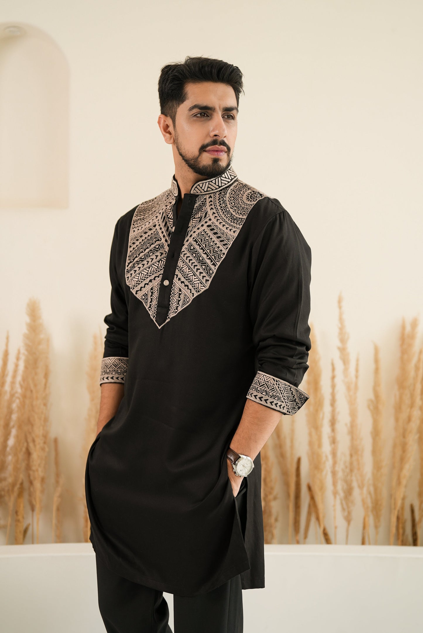 Black Polynesian Thread Work Kurta