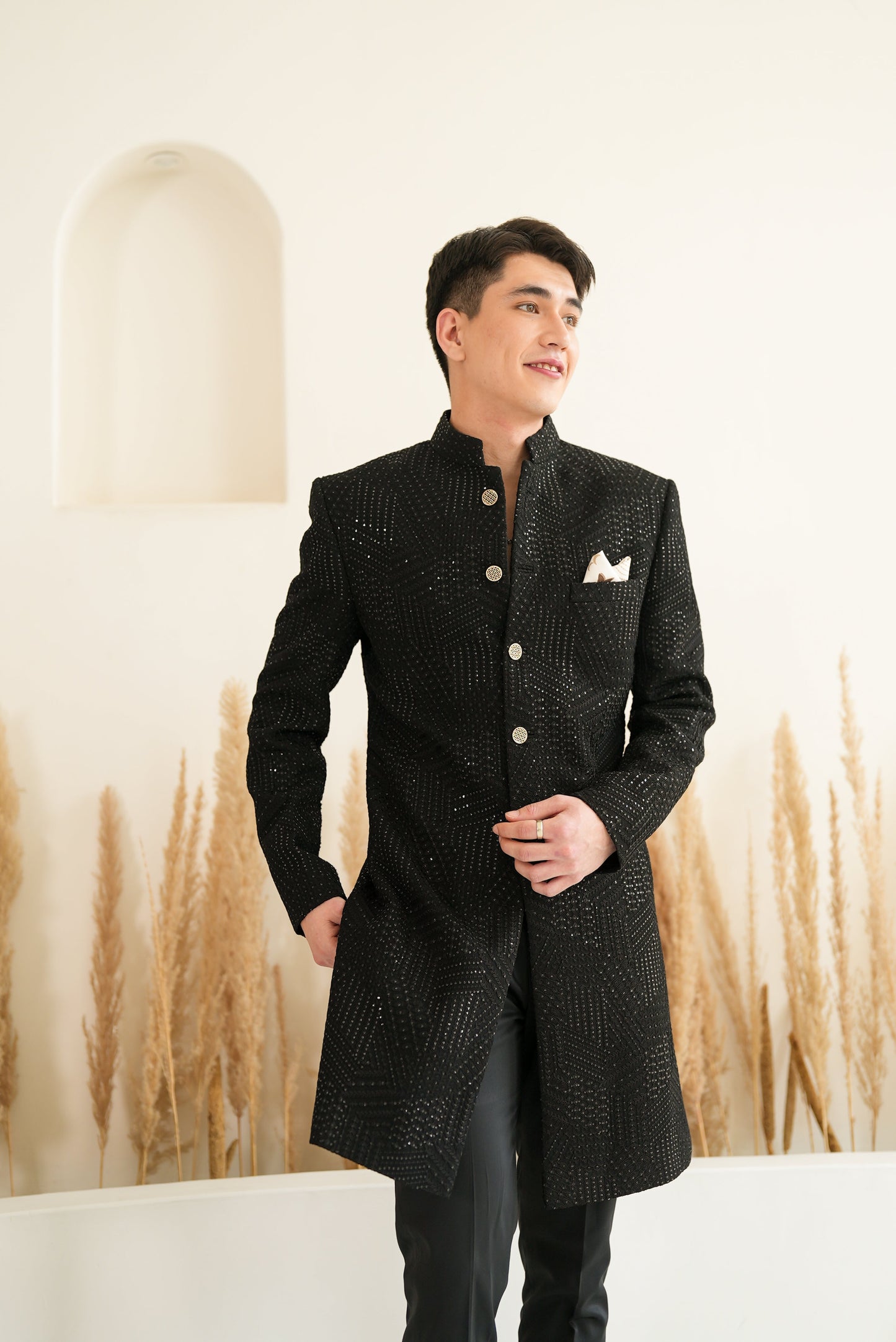 Jet Black Sequin with Geometric Embroidery Sherwani Set