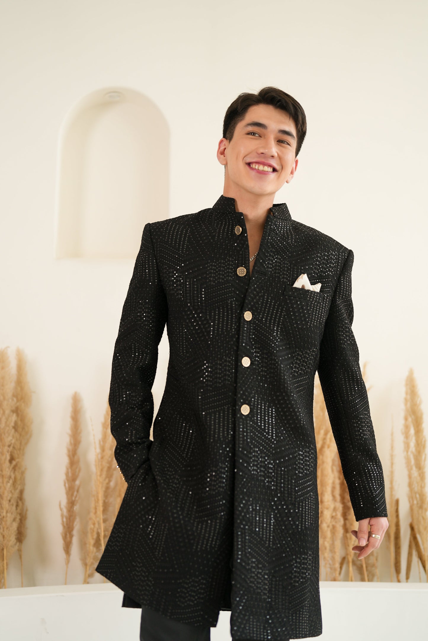 Jet Black Sequin with Geometric Embroidery Sherwani Set