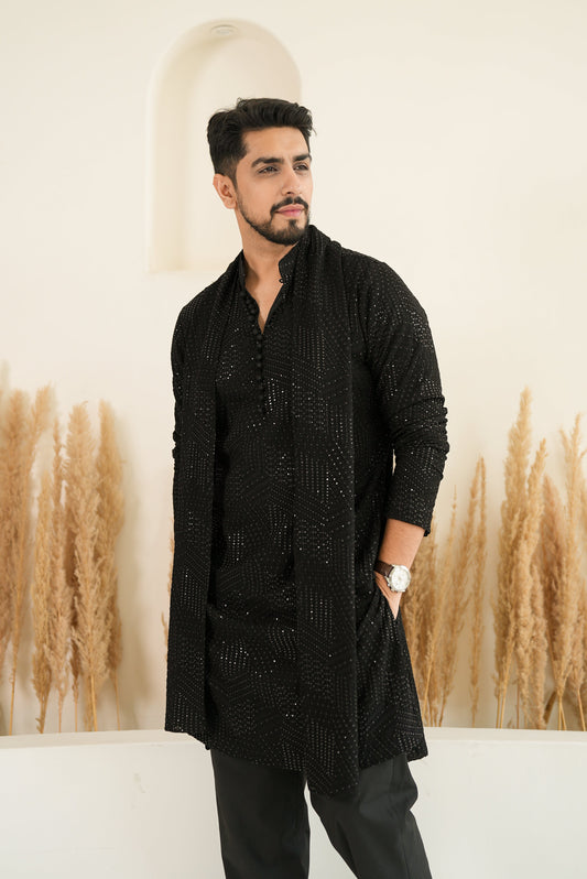 Jet Black Sequin with Geometric Embroidery Sherwani Set