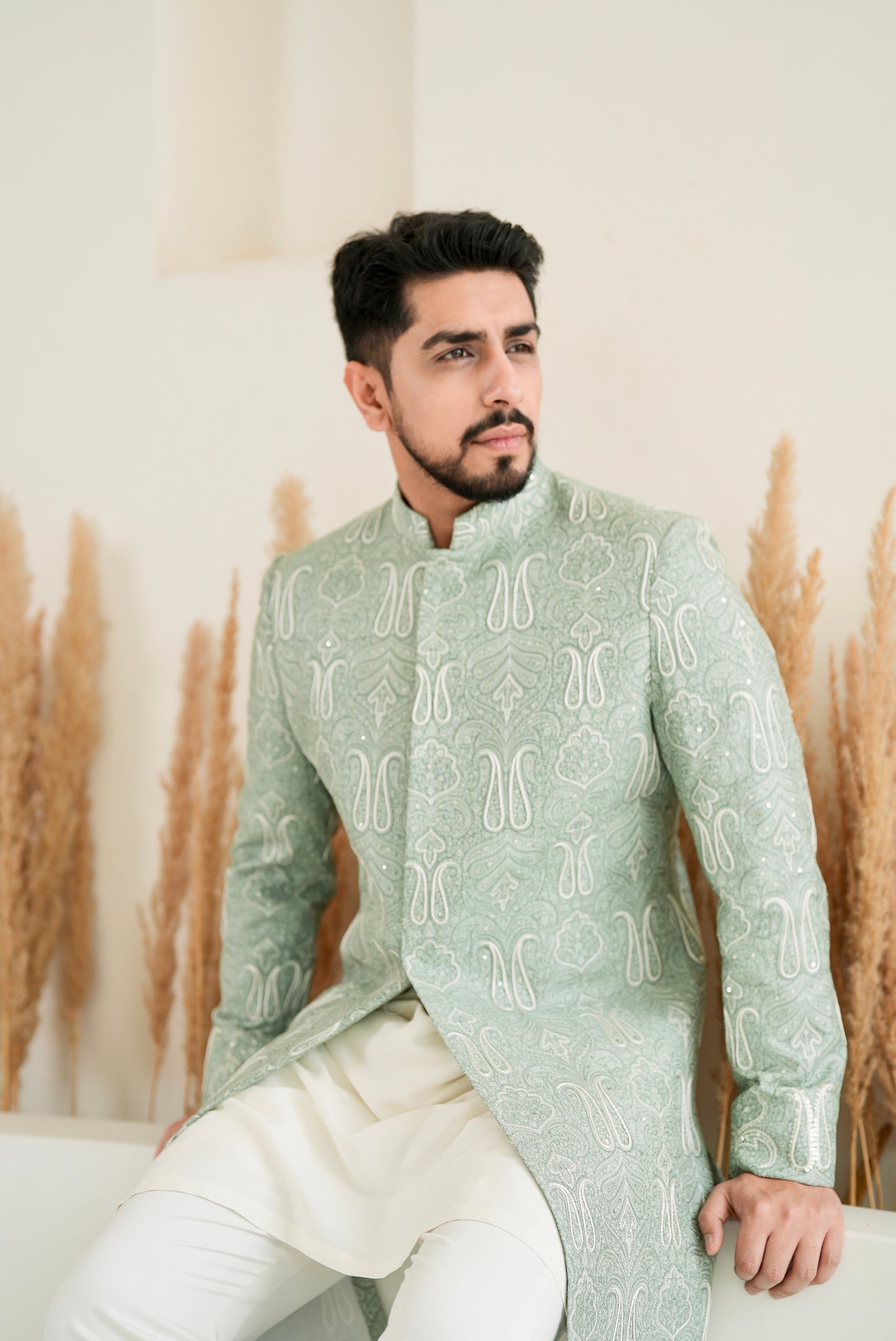 Pastel Green Embroidered Sherwani Set