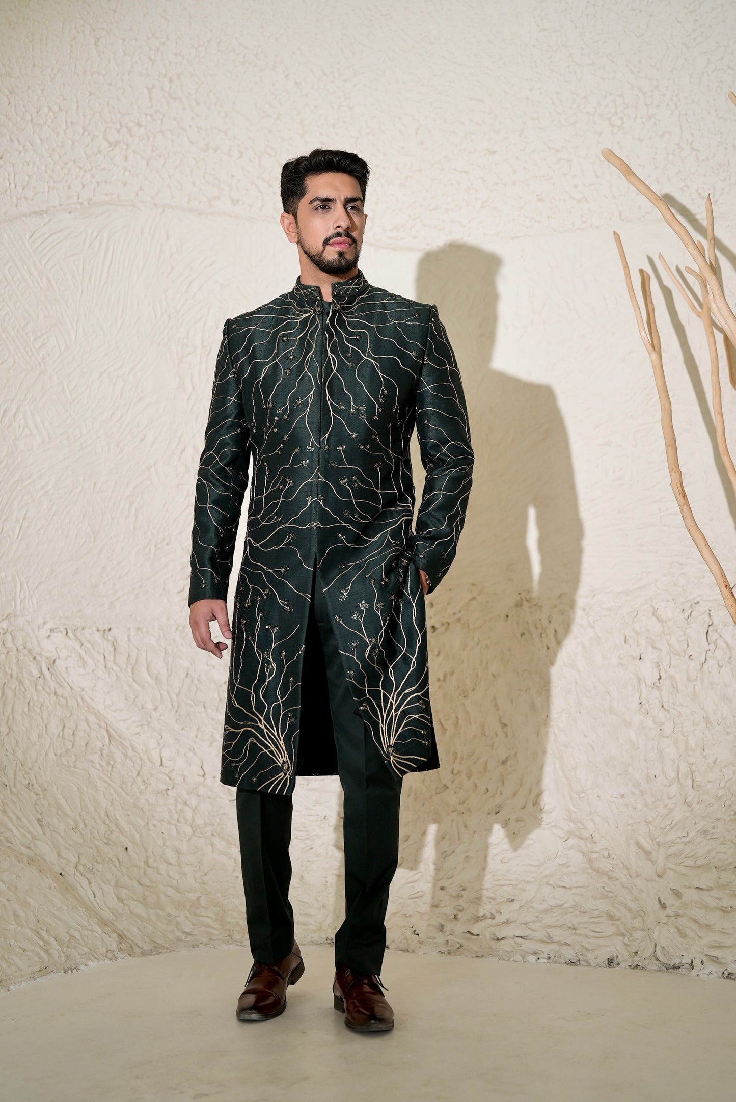 Emerald Green Gold Roots Sherwani Set