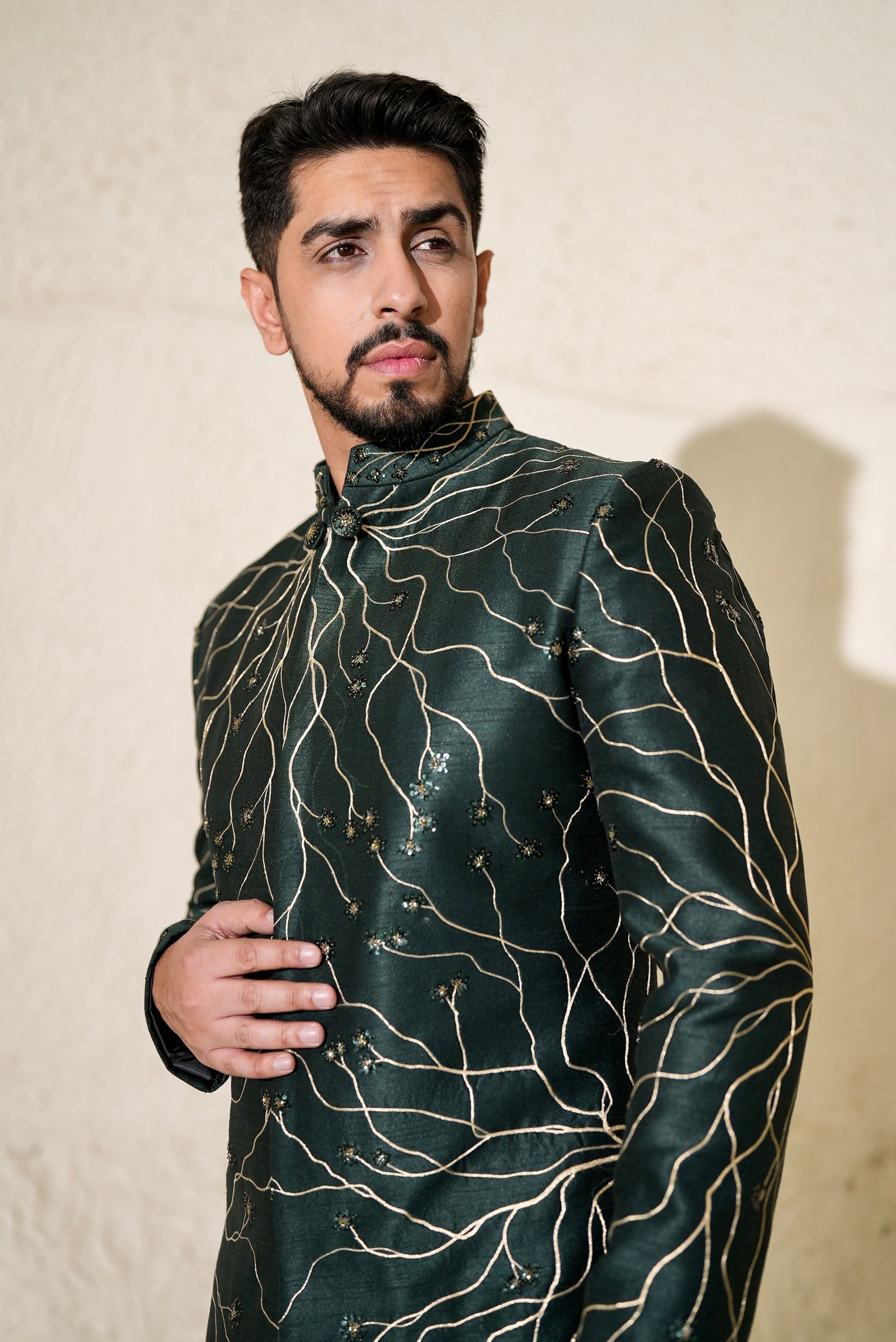 Emerald Green Gold Roots Sherwani Set