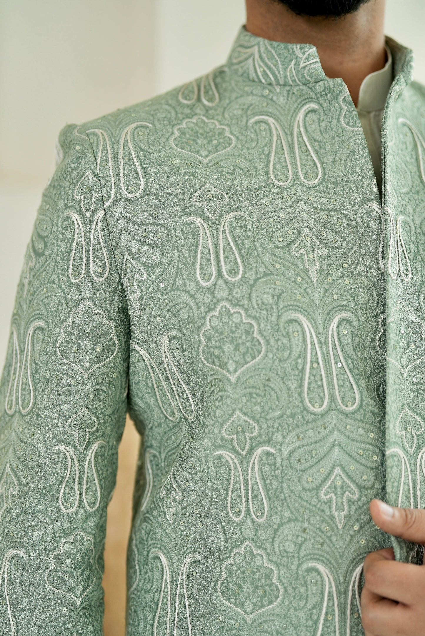 Pastel Green Embroidered Sherwani Set