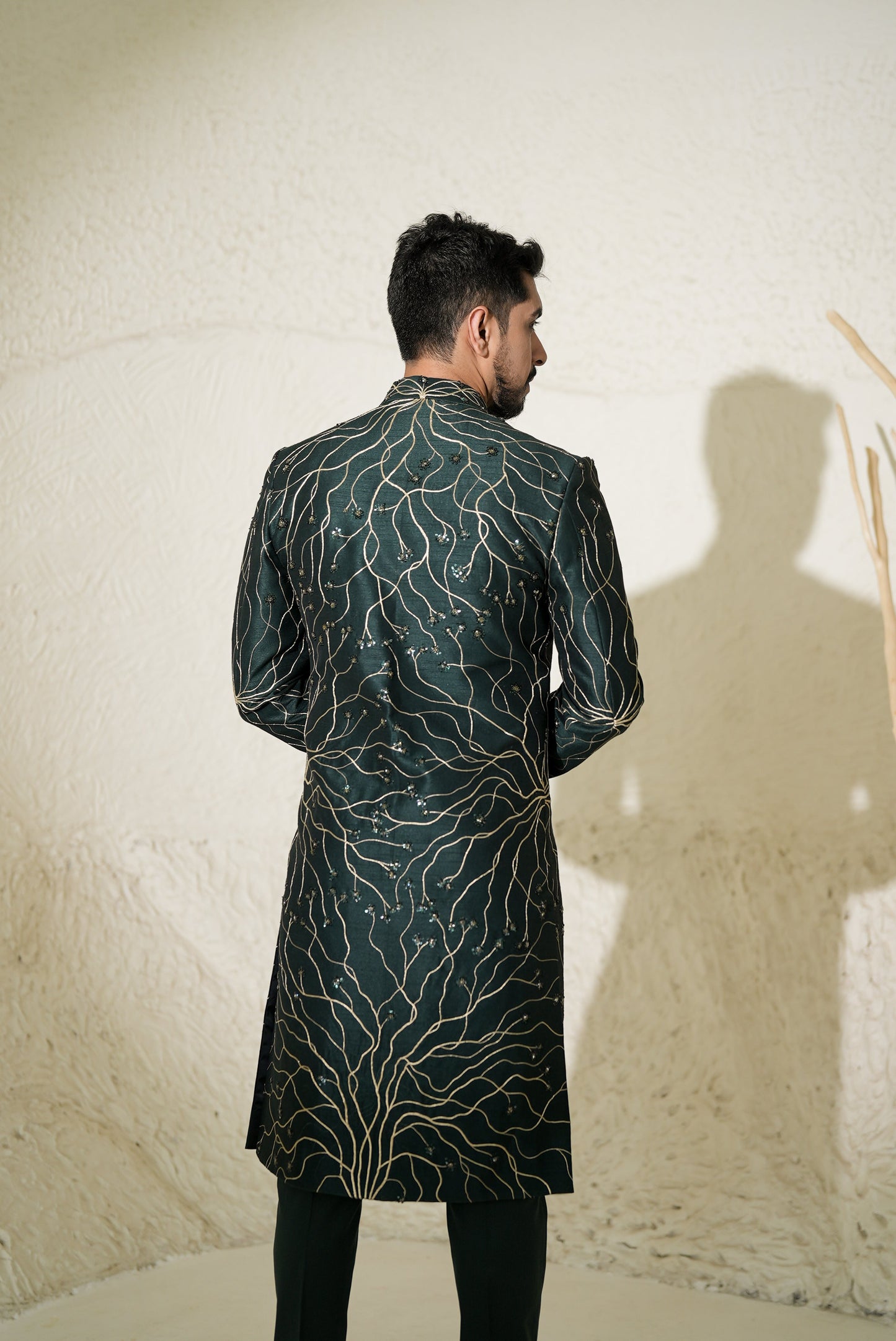 Emerald Green Gold Roots Sherwani Set