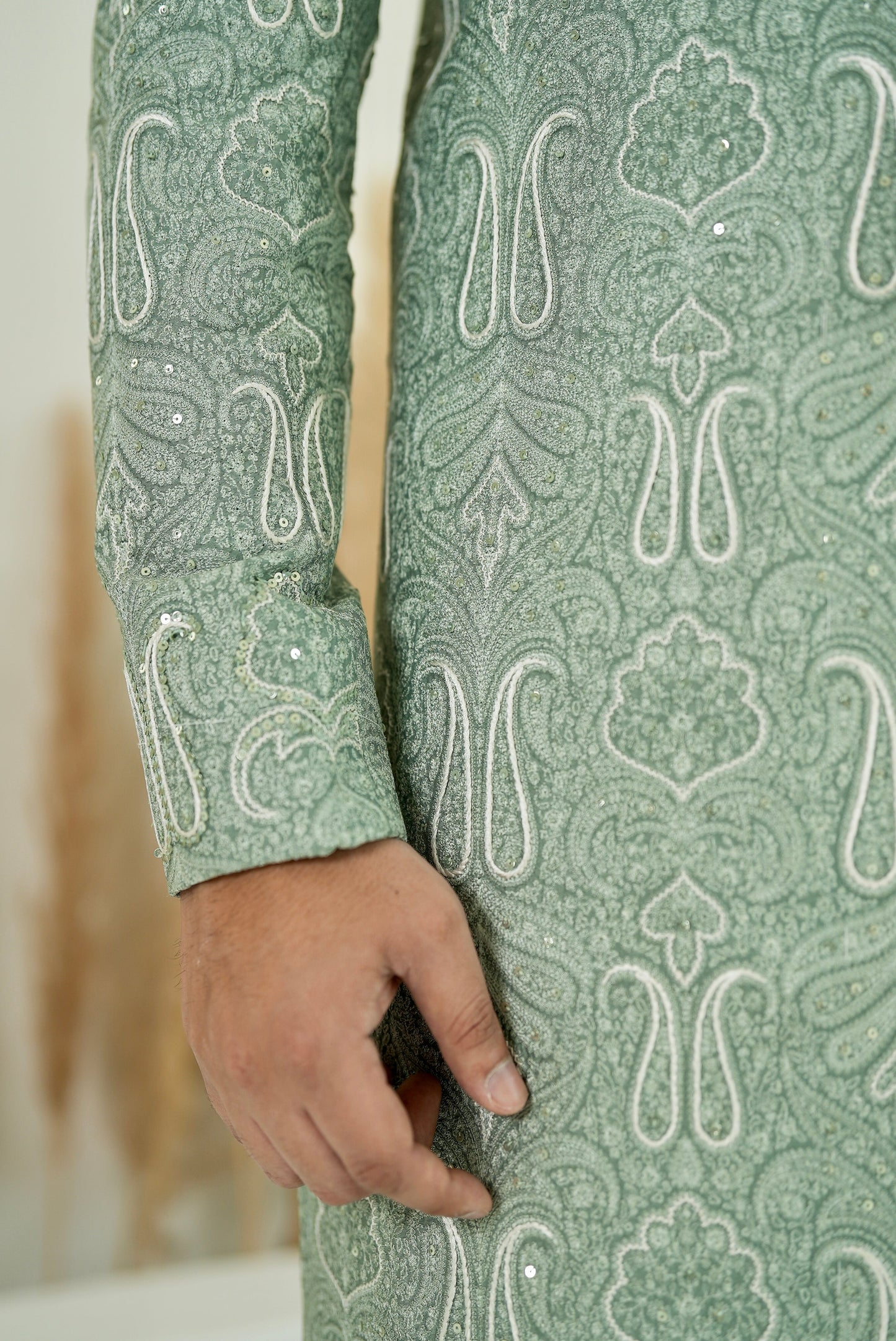 Pastel Green Embroidered Sherwani Set