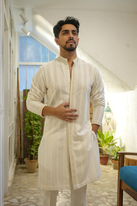 Gold Hand Embroidered Off White Button Down Kurta Set