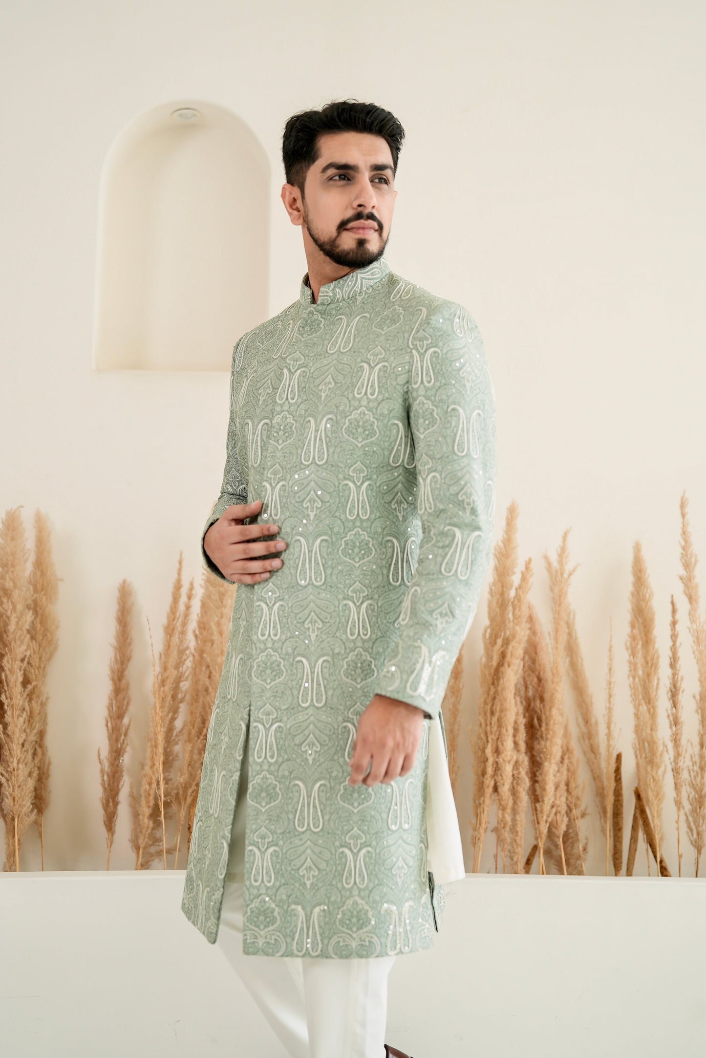 Pastel Green Embroidered Sherwani Set