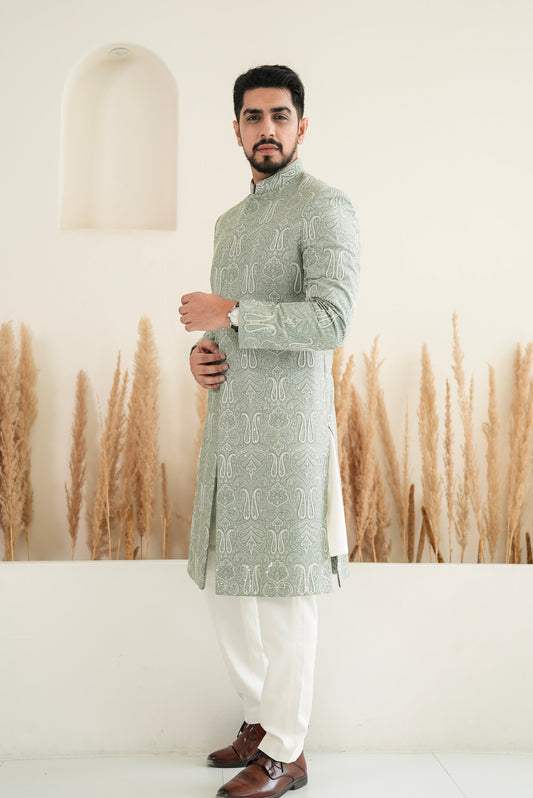 Pastel Green Embroidered Sherwani Set