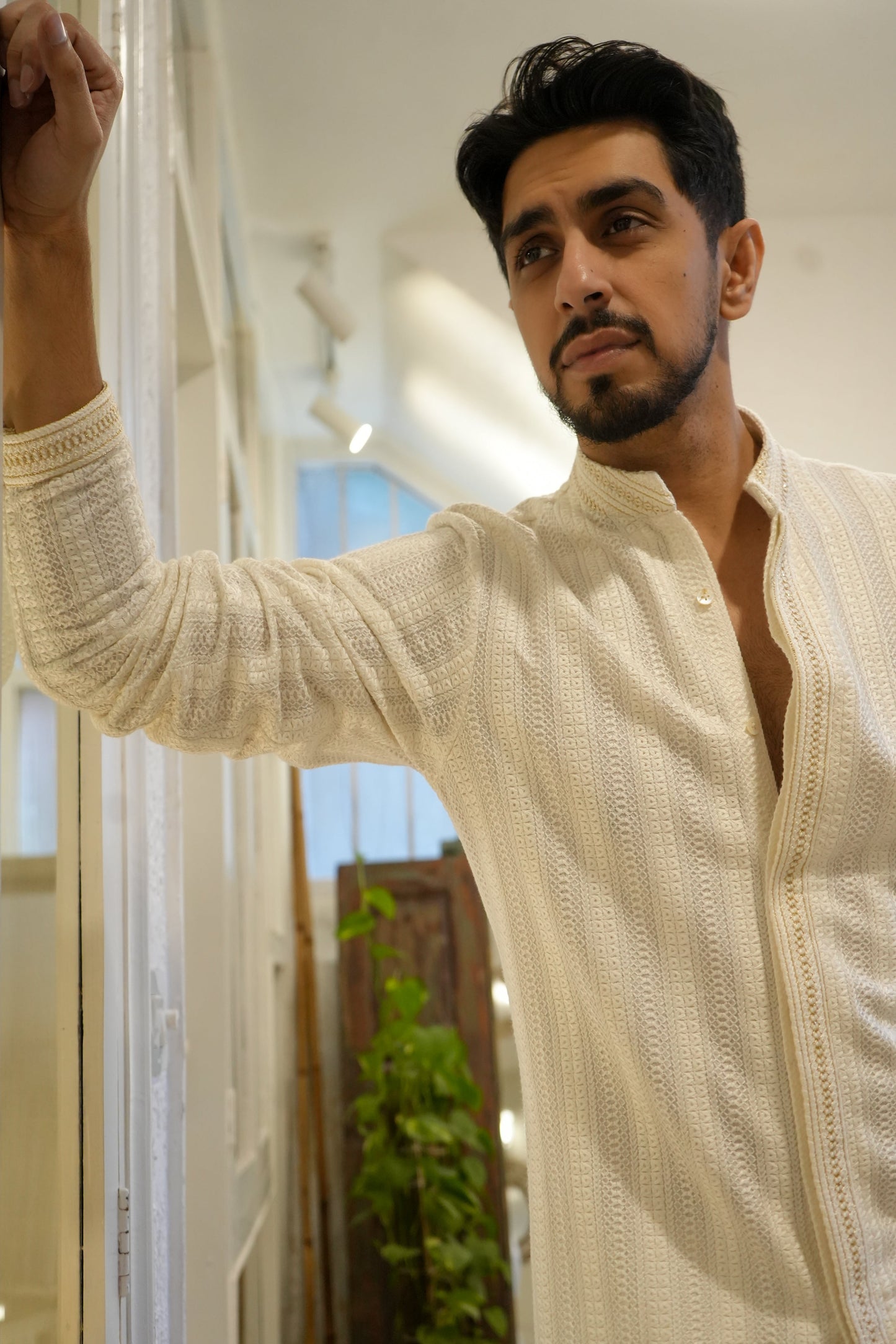 Gold Hand Embroidered Off White Button Down Kurta Set