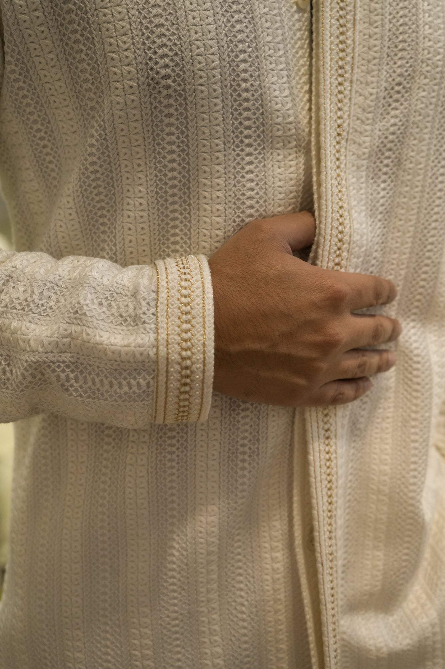 Gold Hand Embroidered Off White Button Down Kurta Set