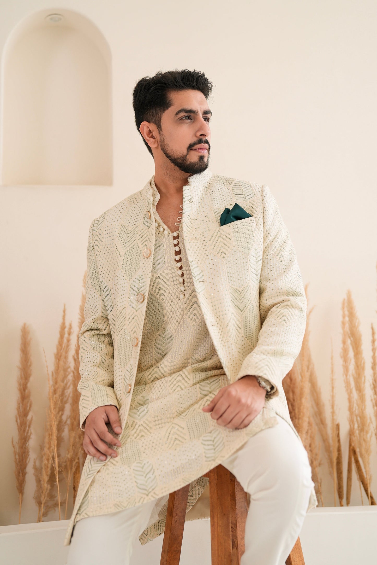 Green Sequins With Ivory Geometric Embroidery Sherwani Set