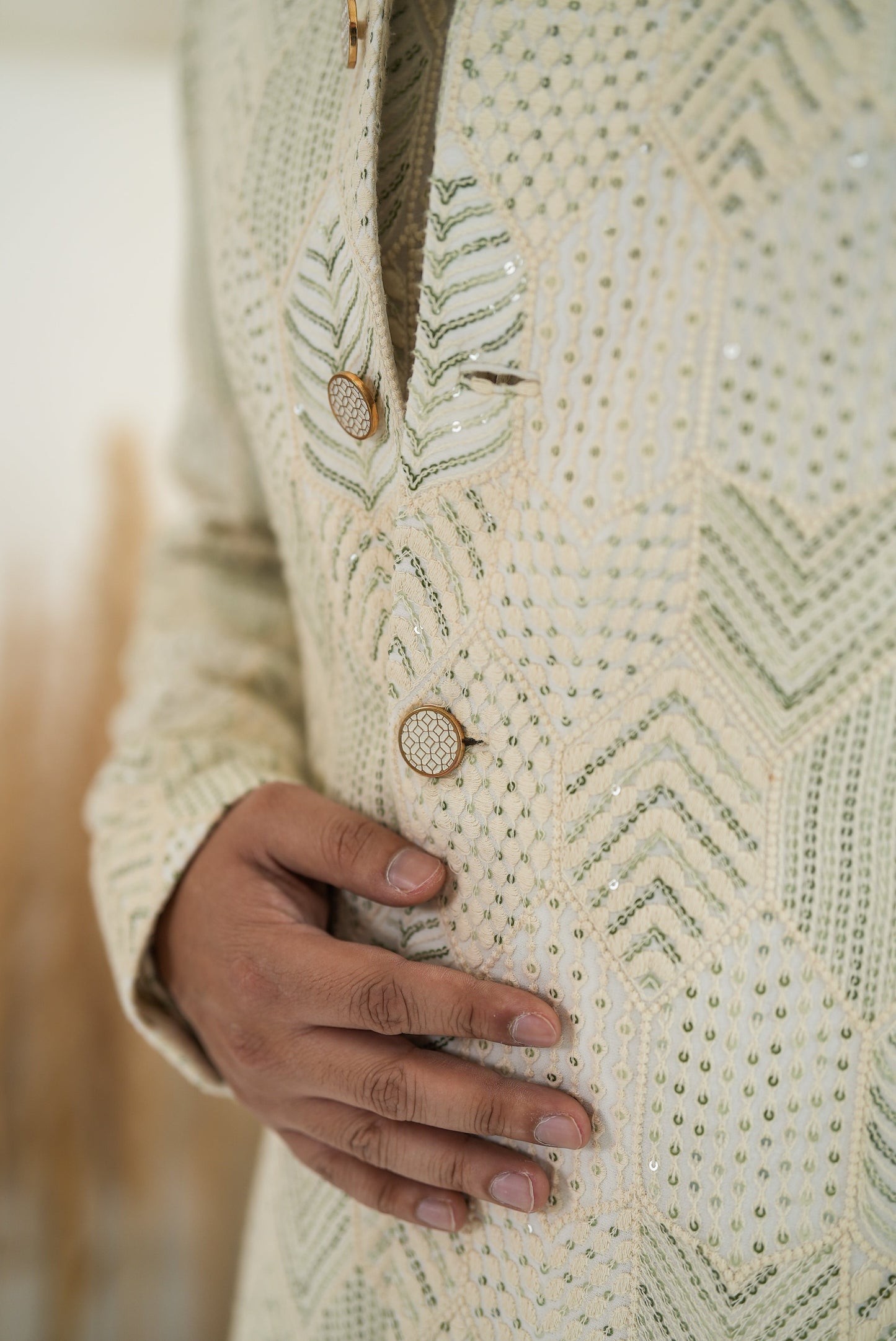 Green Sequins With Ivory Geometric Embroidery Sherwani Set