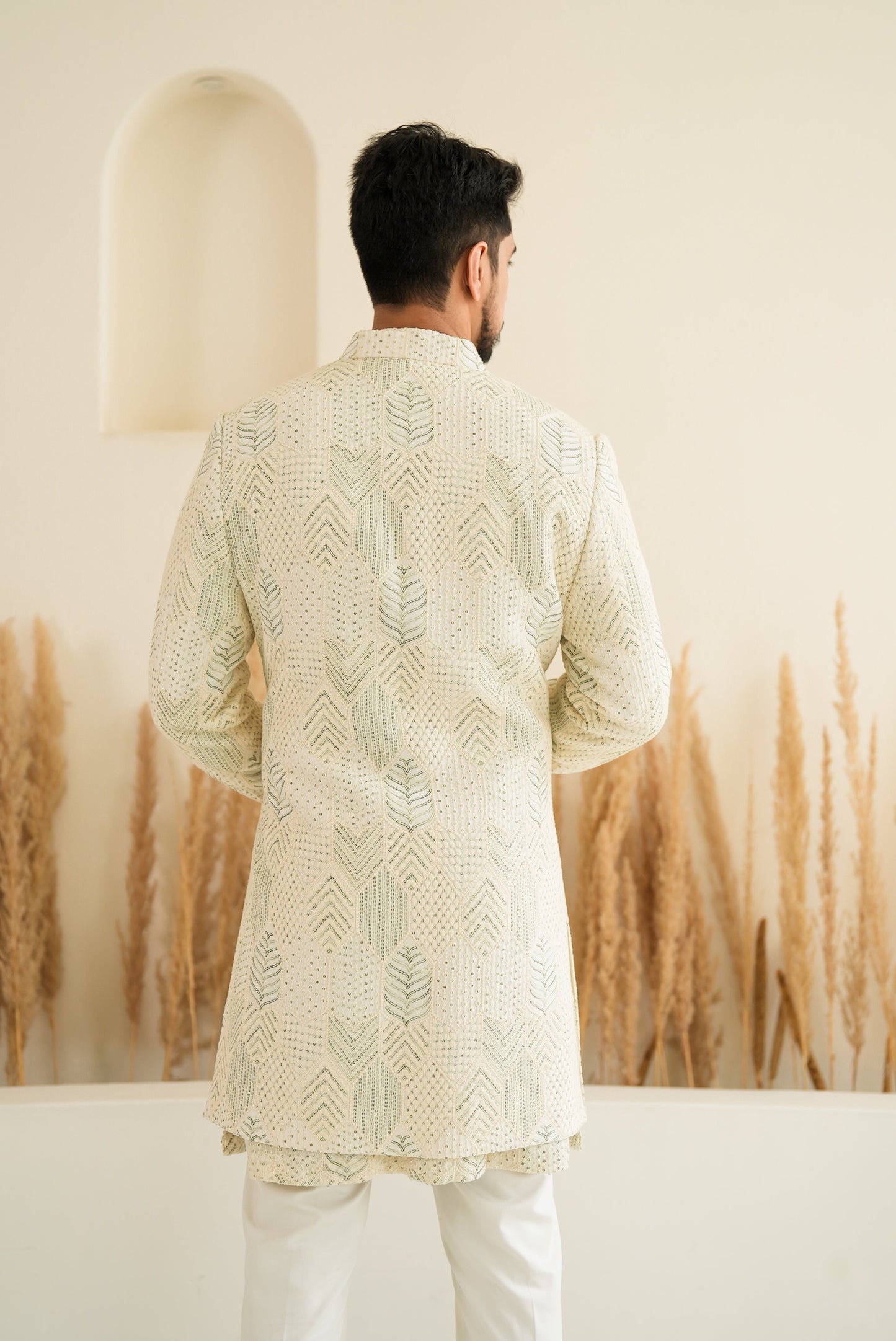 Green Sequins With Ivory Geometric Embroidery Sherwani Set