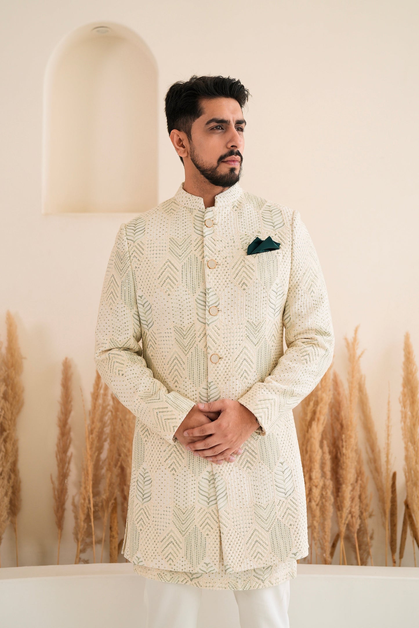 Green Sequins With Ivory Geometric Embroidery Sherwani Set