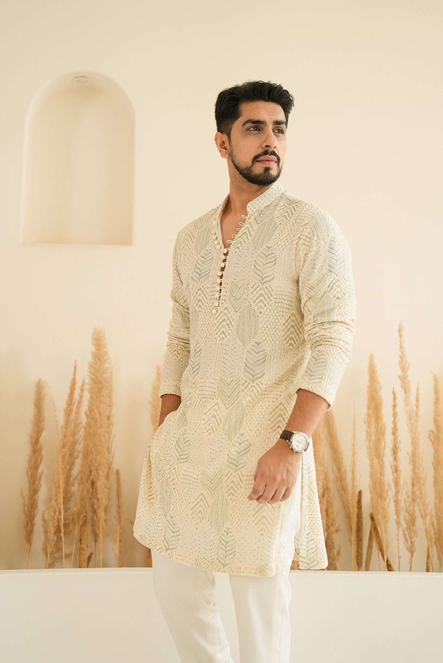 Green Sequins With Ivory Geometric Embroidery Kurta Set