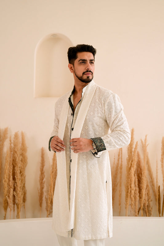 Off White Embroidered Button Down Kurta