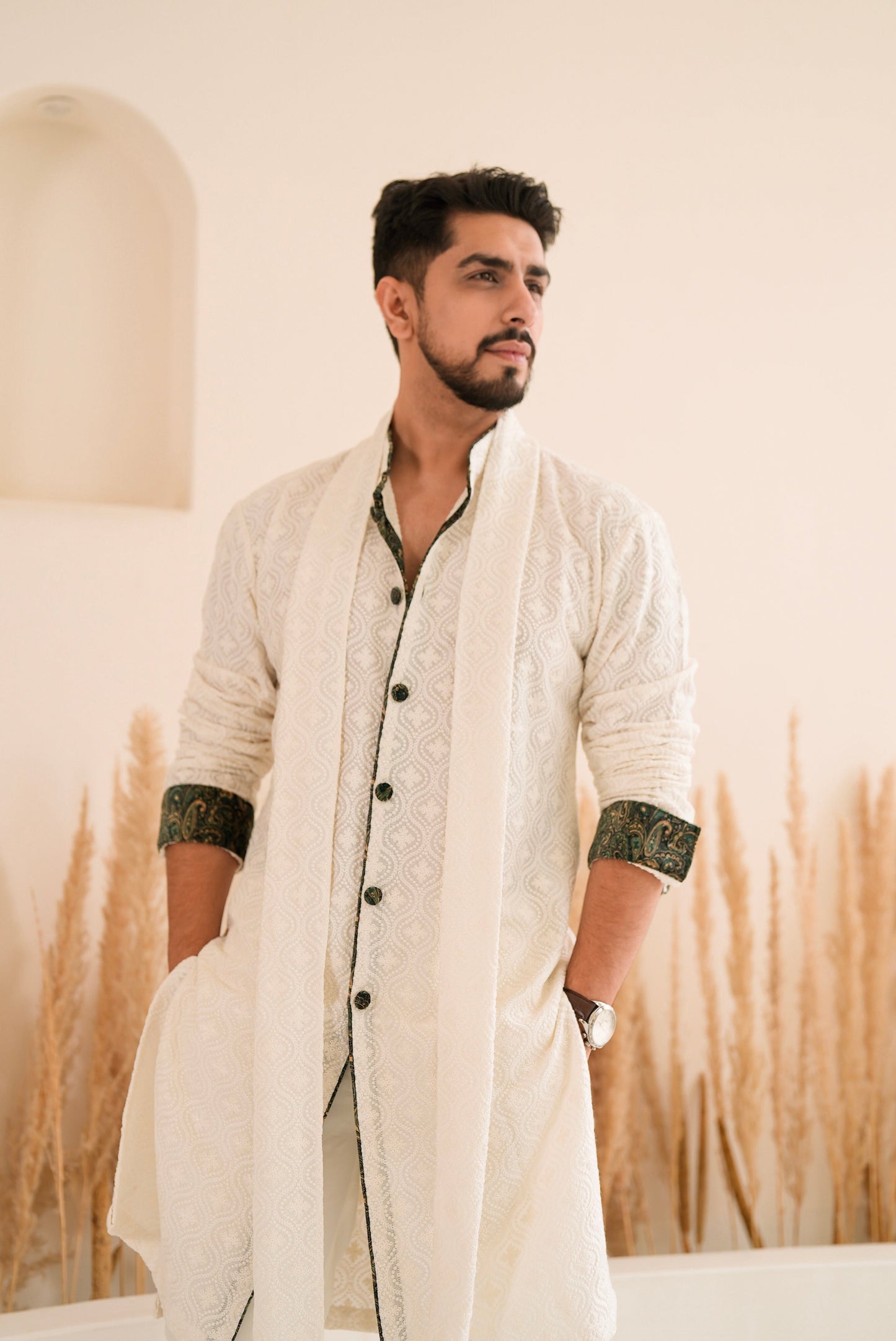 Off White Embroidered Button Down Kurta