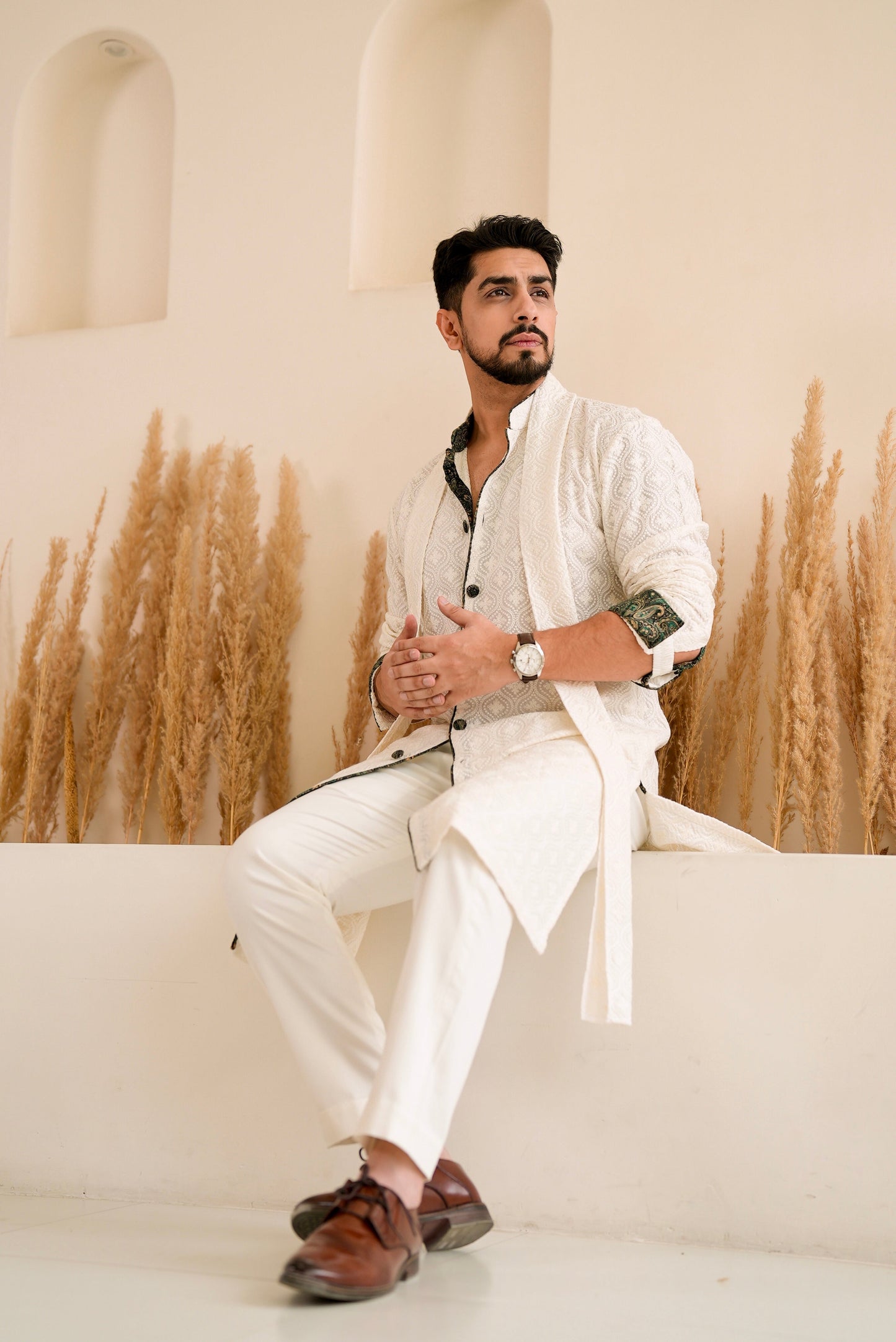 Off White Embroidered Button Down Kurta